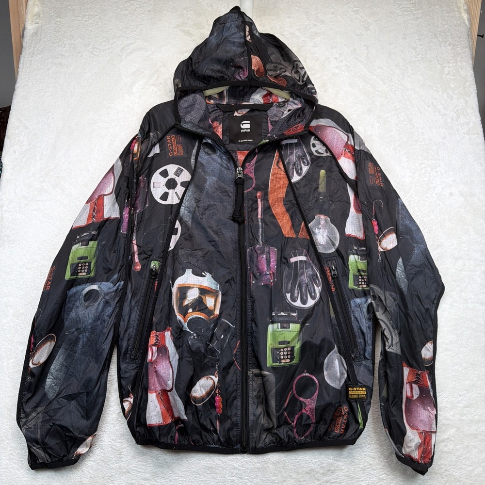 G-Star RAW Ozone Jacket Mens M Dark Black Objects Graphic Hooded Windbreaker